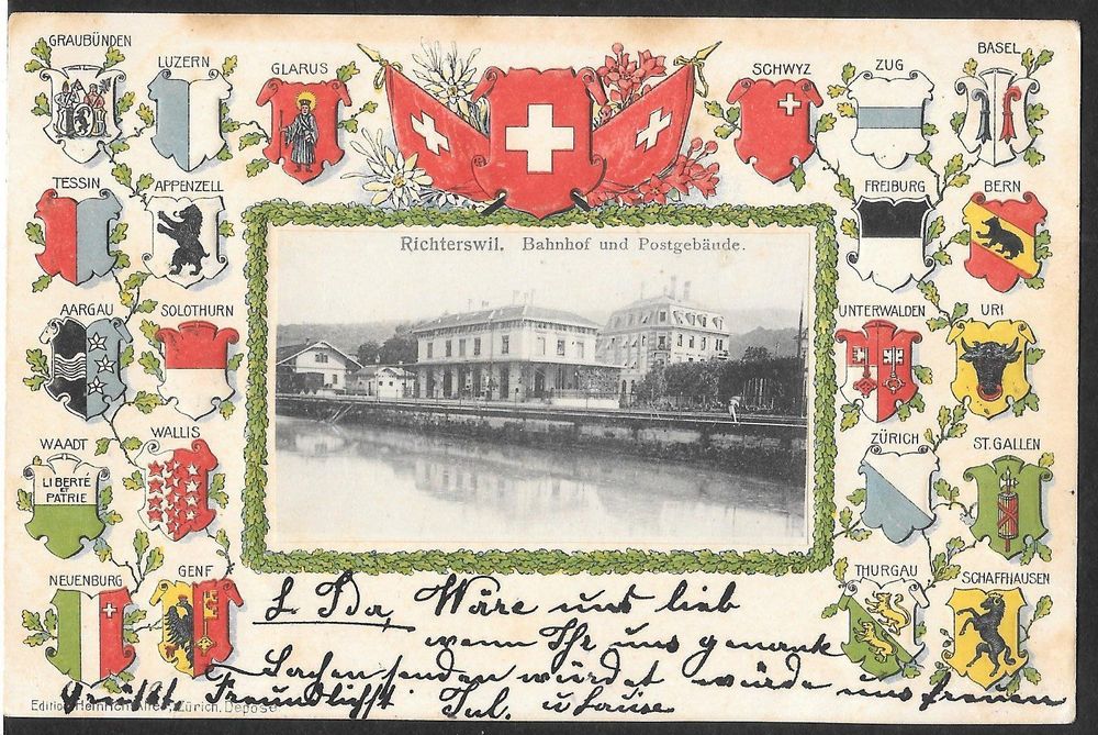 Richterswil Bahnhof und Postgebäude Prägekarte mit Wappen Acheter sur