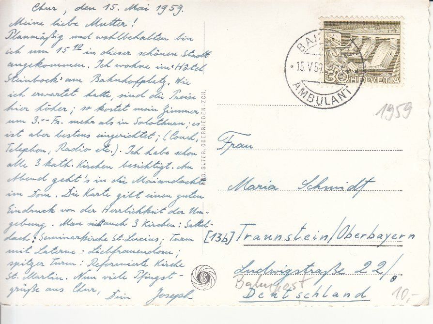 Cartoline postali: Chur 1959 – Usato da Bürglen TG venduto da StampGraf 1