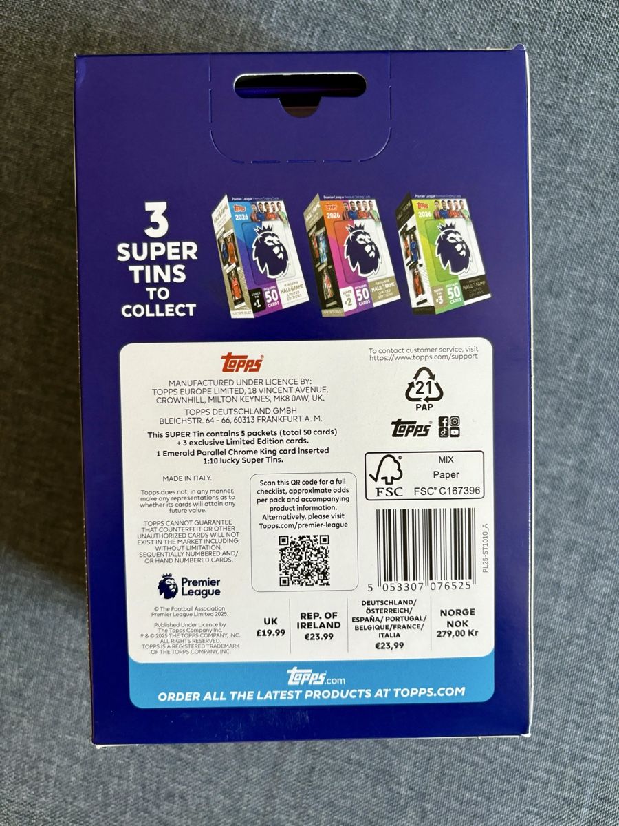 Topps Carte collezionabili: Topps 2026 Premier League, Super Tin #1, Playercards – Nuovo e nell'imballaggio originale da Bassersdorf venduto da Cincinnati 1