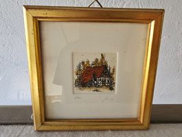 Miniatur Farbradierung Fachwerkhaus sign. 6/300 Goldrahmen