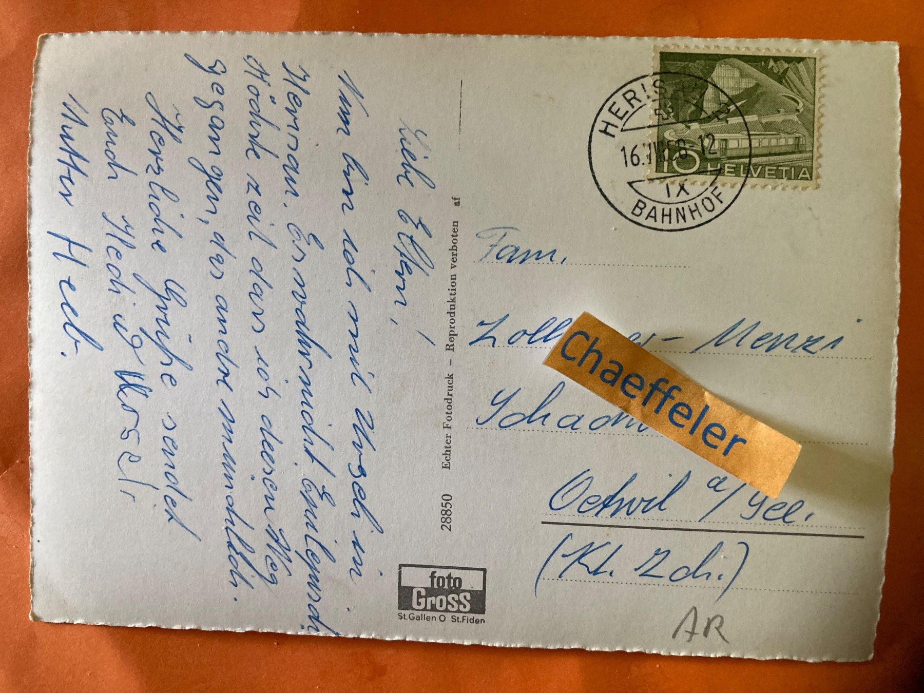 Cartoline postali: 1956 Herisau (AR) – Usato da Zürich venduto da Chaeffeler 1