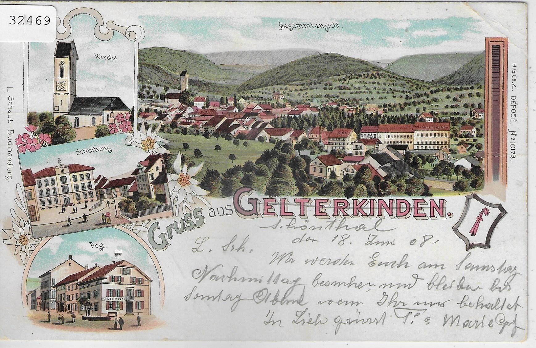 Cartoline postali: Gruss aus Gelterkinden - Litho 1908 – Usato da Ettingen venduto da Kartenplanet