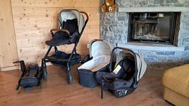 Poussette nuna set, cosy et nacelle et base isofix