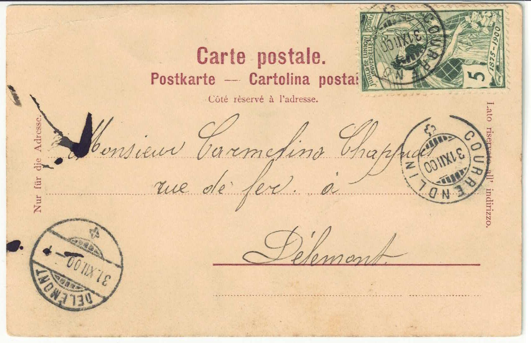 Ansichtskarten: Souvenir de Courrendlin - UPU 1900 – Gebraucht aus Ettingen von Kartenplanet 1