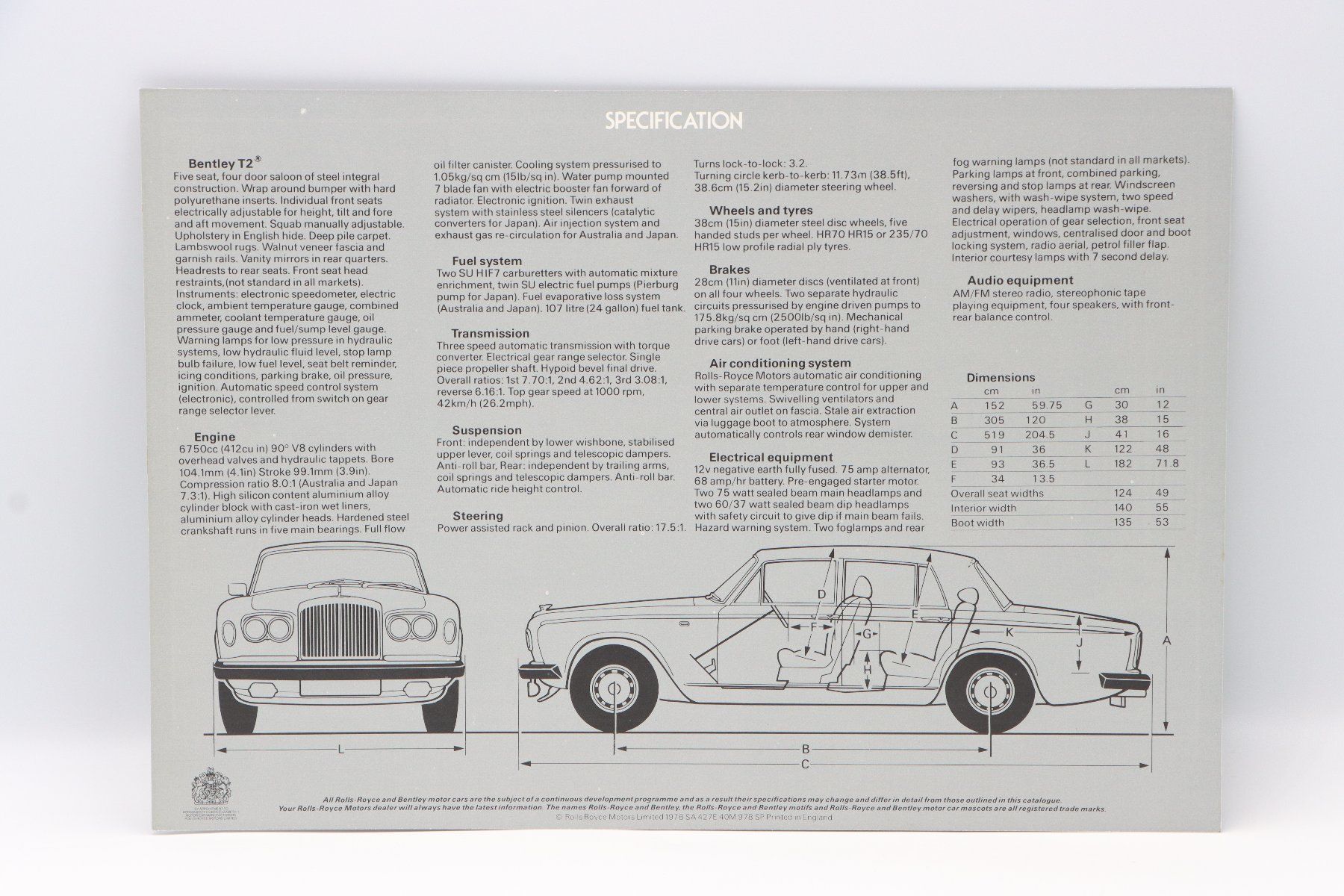 Bentley Documents: Bentley T2 1978 Prospektblatt – D'occasion à Bühl b.Aarberg par Collectorpassions 1