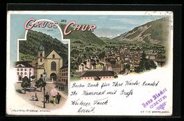 Litho Chur, Platzansicht mit Kirche, Tot