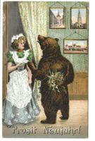 Bärenkarte - Prosit Neujahr ! Bär überrascht Geliebte - 1912