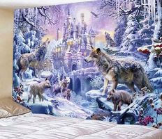 Wandbehang Wolf im Schnee vor Schloss Wolfsrudel 150 x 130