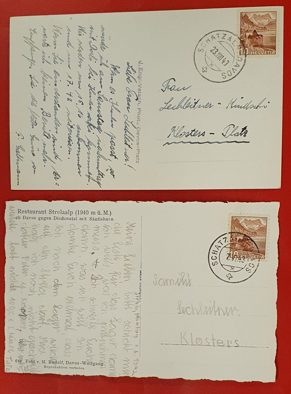 Cartoline postali: 2 Ansichtskarte - Restaurant Strelaalp ob Davos 1943 – Usato da Kreuzlingen venduto da Rschweiz1 1