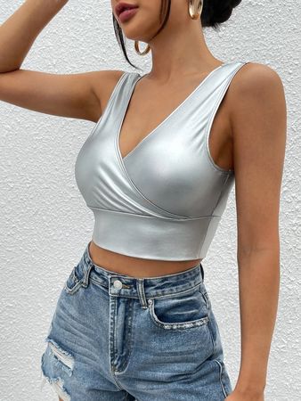 Sexy PU Leder Top mit überlappendem Kragen in 3 Grössen