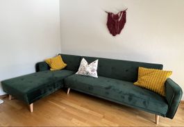 Ecksofa mit Schlaffunktion (dunkelgrün, samt)