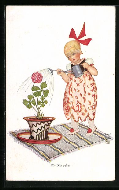 Cartoline postali: Mela Köhler: Mädchen giesst eine Blume – Usato da Berlin venduto da bartko-reher