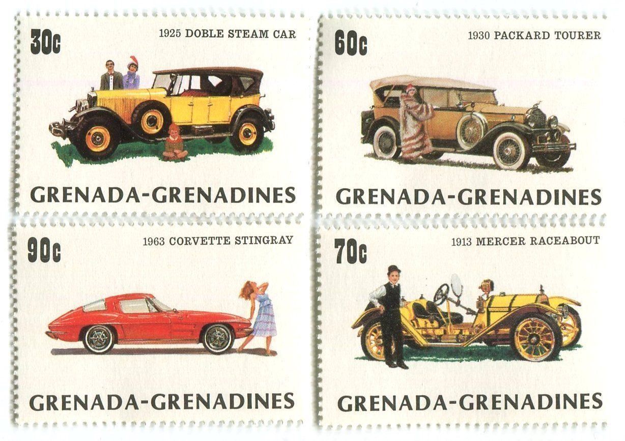 Tutti i francobolli: Briefmarken "Corvette, Packard, Mercer Raceabout". Grenada. – Nuovo e nell'imballaggio originale da Basel venduto da Butsch5