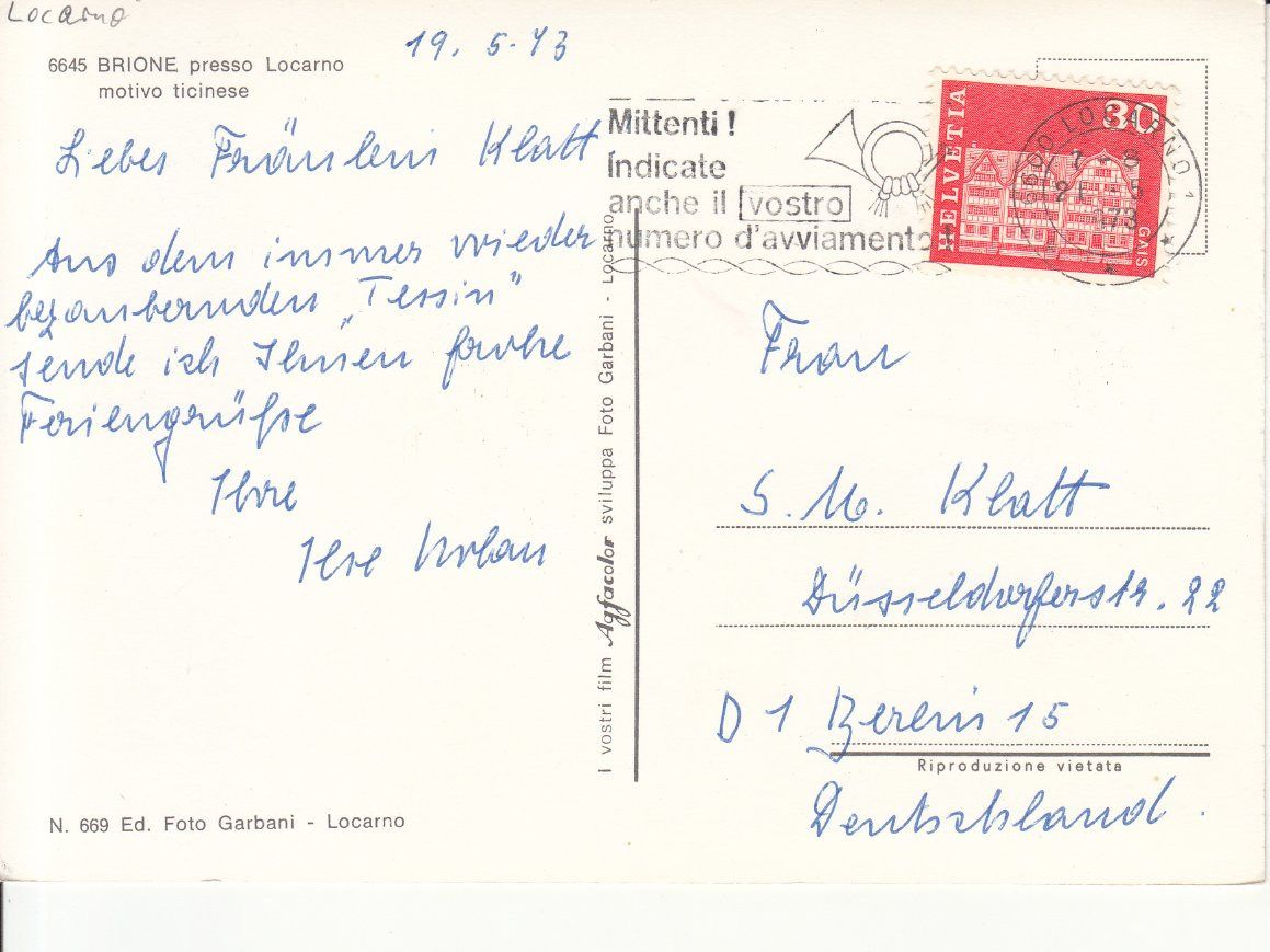 Cartoline postali: Brione 1973 – Usato da Bürglen TG venduto da StampGraf 1