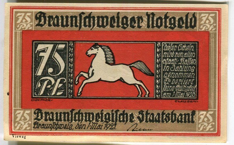 Banconote: Notgeld "75 Pfennig. Braunschweig 1921". – Usato da Basel venduto da Butsch5 1