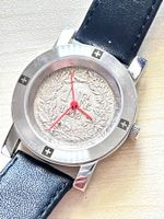 Uhr mit Schweizer Münz-Zifferblatt, schwarz Lederarmband