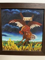 Gemälde Hahn mit Schriftrolle, Ukraine signiert 1974 (36x37)