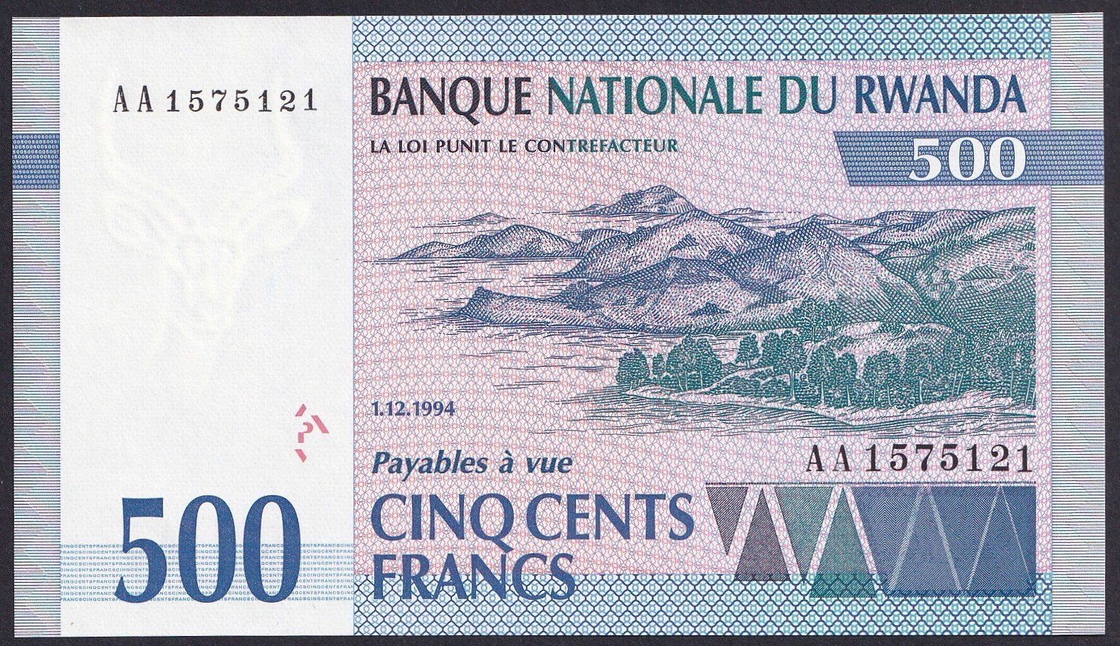 Banknoten: Ruanda 500 Franc 1994 P-23a UNC, selten – Neu (gemäss Beschreibung) aus Schliern b. Köniz von pizzitaxi