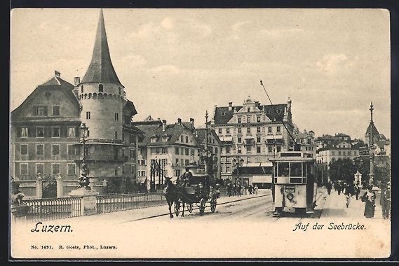 Cartoline postali: Luzern, Auf der Seebrücke, Strassenbahn – Usato da Berlin venduto da bartko-reher