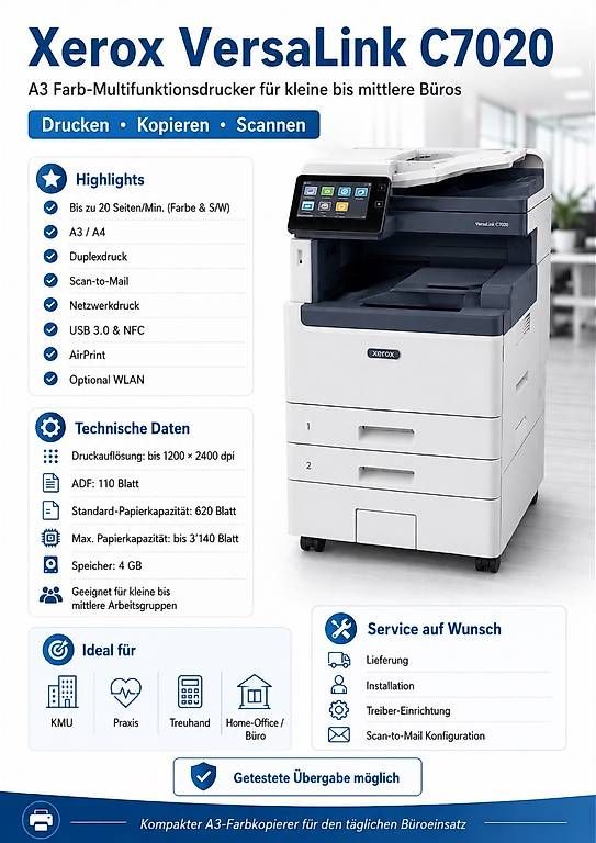 Stampanti: Xerox VersaLink C7020 A3 Farb-Multifunktionsdrucker. – Usato da Neuenhof venduto da Vito.indelicato