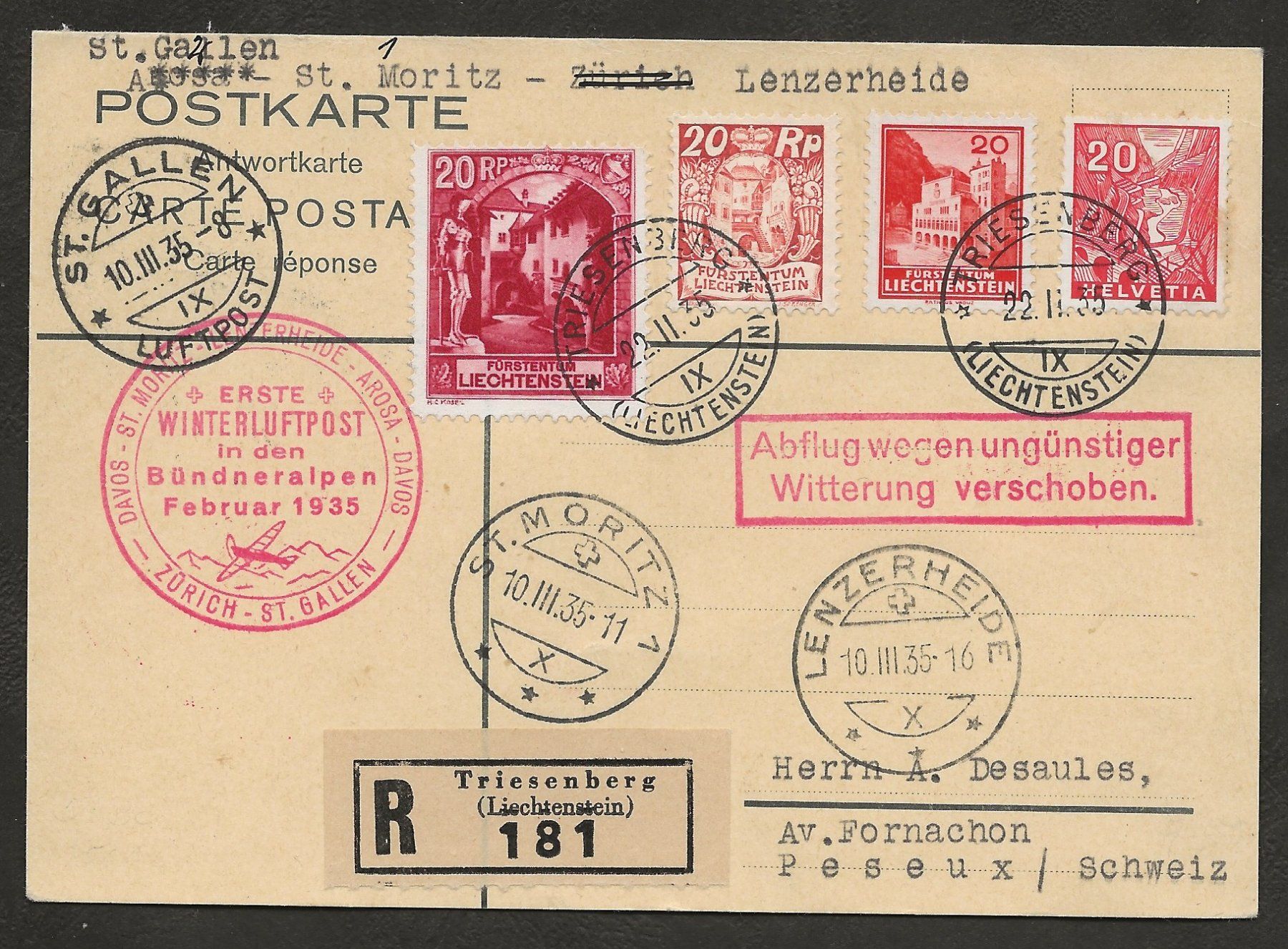Tutti i francobolli: Flugpost Mischfrank. 1935 Triesenberg St. Gallen Lenzerheide – Usato da Au ZH venduto da xelagreb01