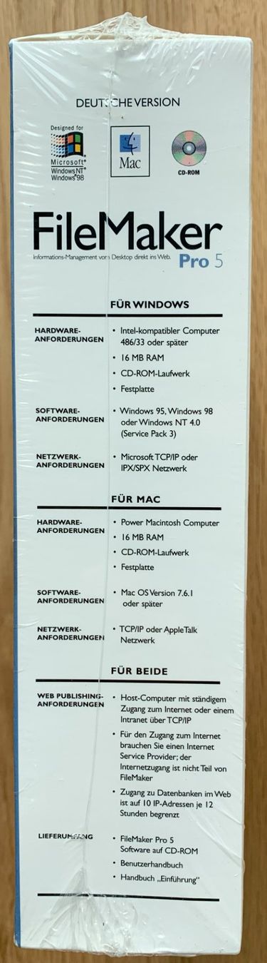 Software: Nostalgia / Windows 95 / MacOS 7 Software / FileMaker Pro 5 – Neu und originalverpackt aus Hinwil von  3
