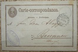 POSTKARTE MIT BAHNPOSTSTEMPEL BERN-ROMANSHORN 1875