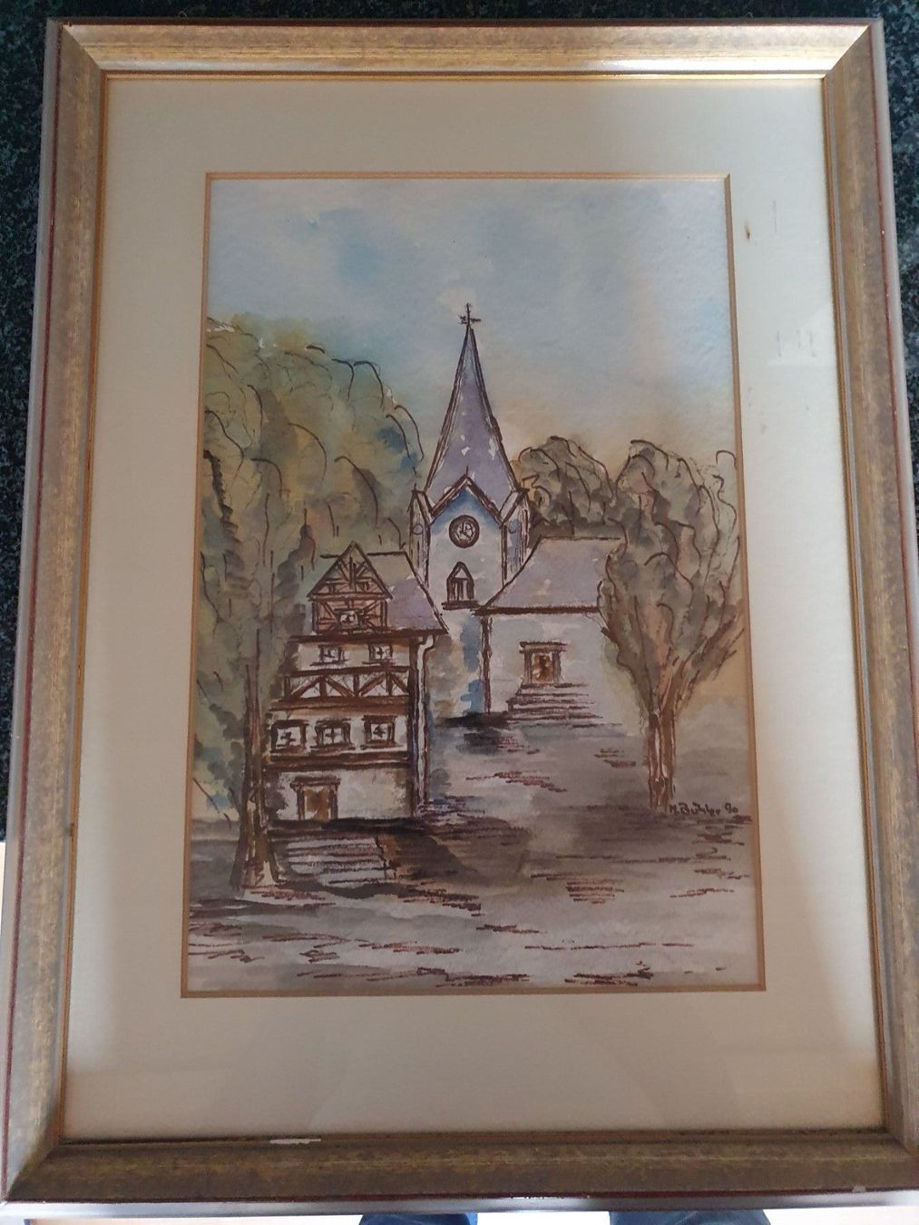 Gemälde: Aquarell Dorfskirche – Gebraucht aus Grandval von ChezJerome