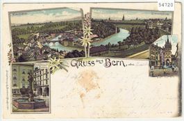 Gruss aus Bern - Eisenbahnbrücke, Marktgasse - Litho 1898