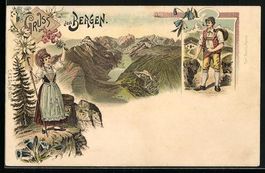 Litho Schweiz, Frau grüsst Wanderer, Tr