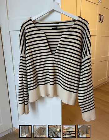 🤍 Massimo Dutti Strickpullover – Schwarz/Creme – Streifenlo