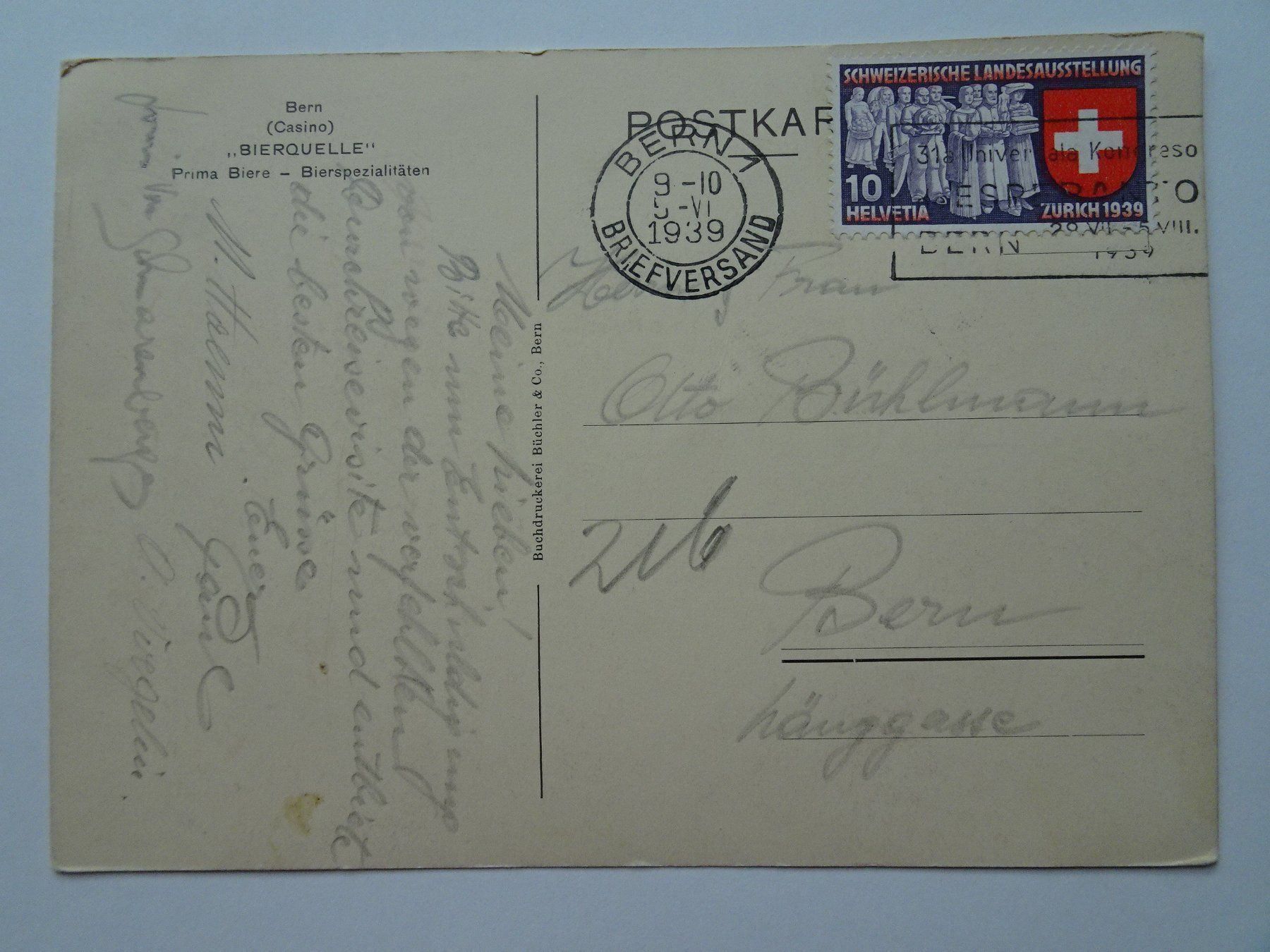 Ansichtskarten: Bern Casino "Bierquelle" 1939 – Gebraucht aus Aadorf von Chnorli-Furz 1
