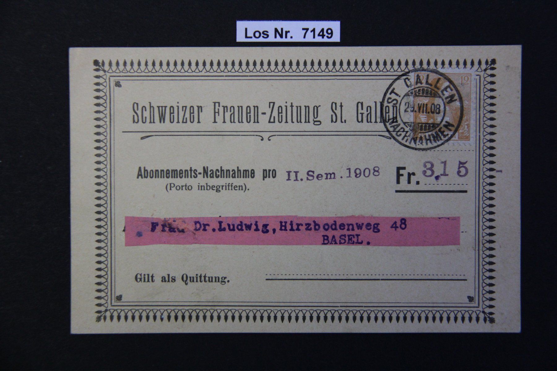 Alle Briefmarken: CH 1908 alter Beleg sauber gestempelt               Los 7149 – Gebraucht aus Volken von jukon65