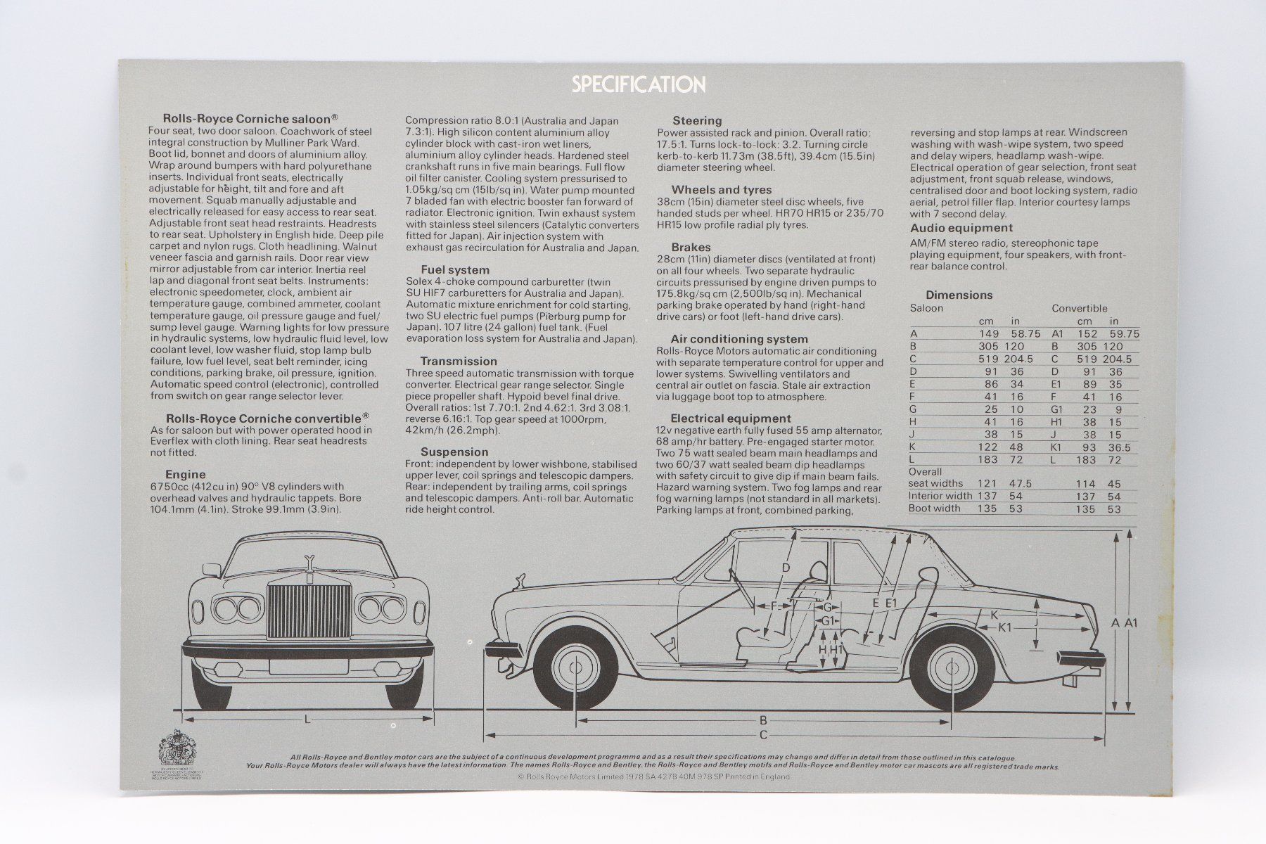 Rolls-Royce Documenti: Rolls Royce Corniche 1978 Prospektblatt – Usato da Bühl b.Aarberg venduto da Collectorpassions 1