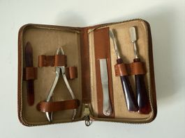 Maniküre Set mit Lederetui braun gebrauchter Zustand