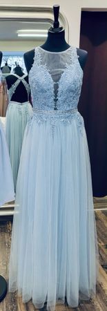 Abendkleid hellblau Spitze Tüll Bodenlang Grösse 36 NEU