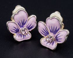 Vintage Ohrclips; Lila Stiefmütterchen mit Strass