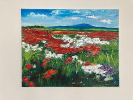 Blumenwiese Gemälde, Öl auf Leinwand, Sommerfarben