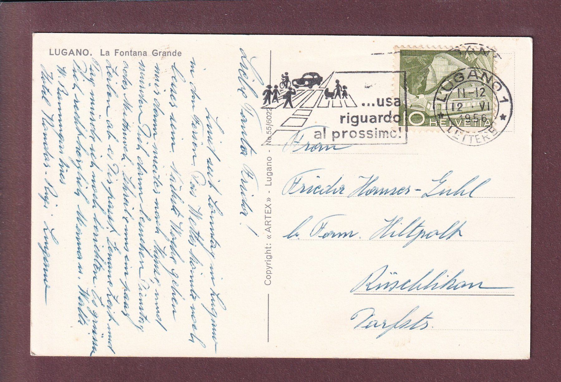 Cartoline postali: LUGANO - Fontana Grande - 1956 – Usato da Pully venduto da nicecards 1