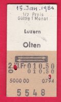 KARTON BILLETT, LUZERN - OLTEN, 2.KLASSE, RETOUR, HALBTAX