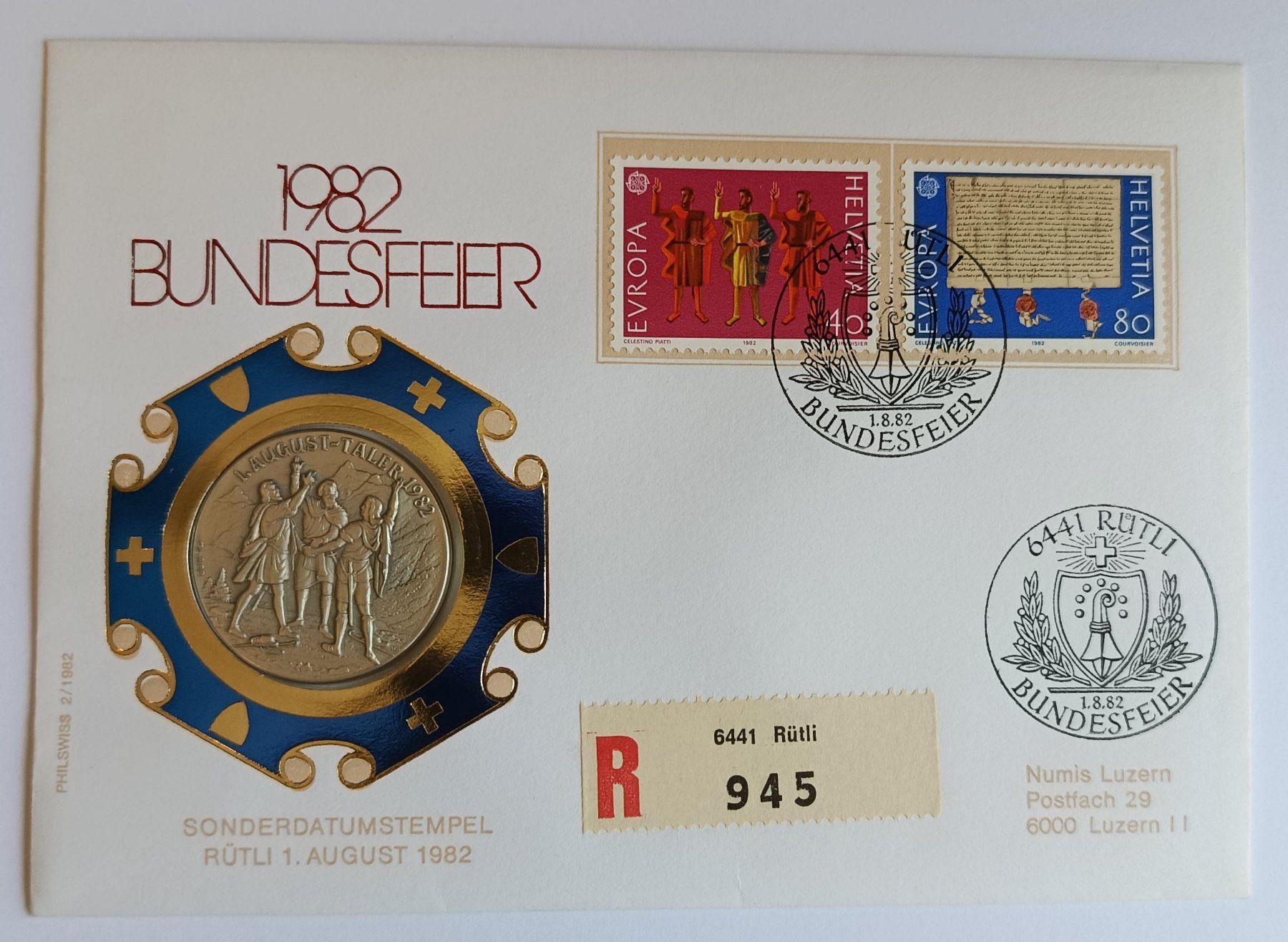 Medaillen: Numisbrief Bundesfeier mit 1. August-Taler 1982 Silber – Gebraucht aus Luzern von Vreneli_1