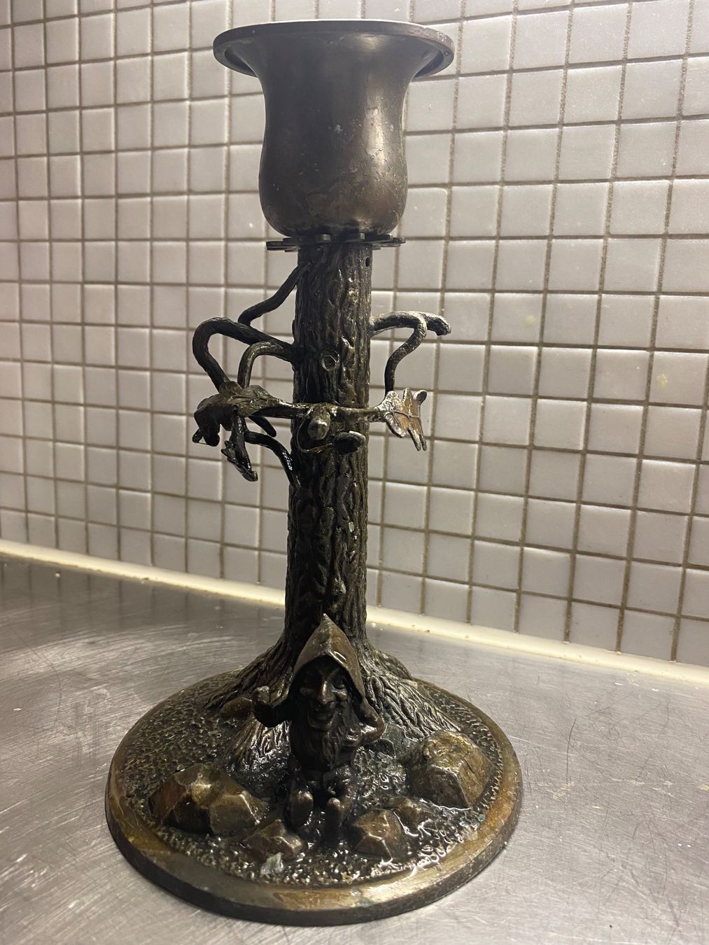 Portacandele: Kerzenständer Bronze mit Zwerg, Baumstammmotiv – Usato da solothurn venduto da soko75 4