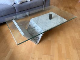 Sofatisch mit Glasplatte und Steinsockel, 125 x 75 x 40 cm