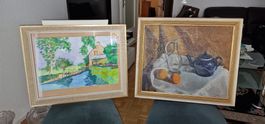 2 tableaux, 1 nature morte"F. Duret", 1 paysage "I. Grobet"