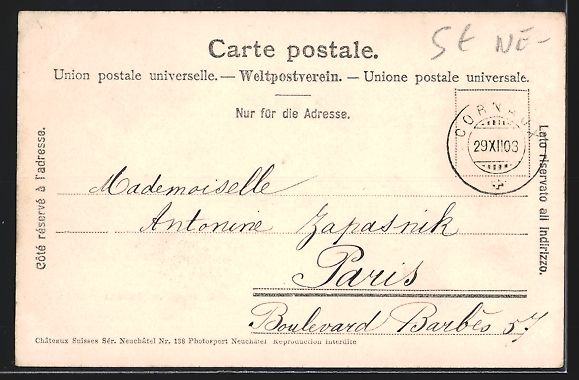 Cartoline postali: AK Peseux, Château, 1903 – Usato da Berlin venduto da bartko-reher 1