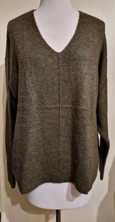 H&M Strick Pullover, V-Ausschnitt, olivbraun meliert, Gr. L