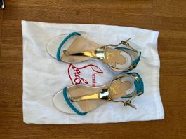 Sandales Louboutin cuir bleu/or T37.5