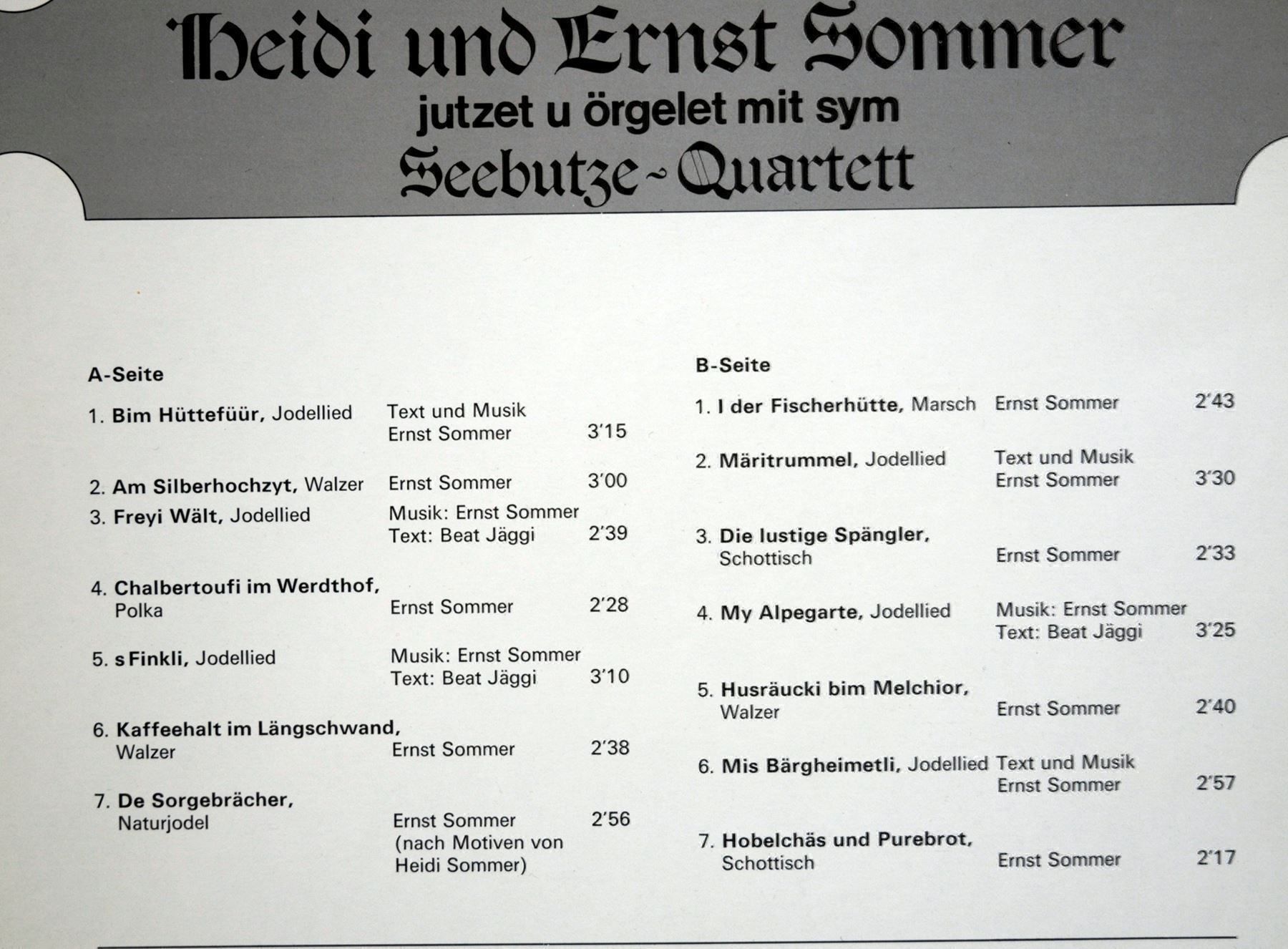 Dischi in vinile: JODLELDUETT HEIDI & ERNST SOMMER & SEEBUTZE-QUARTET LP – Usato da Unterseen venduto da vinylmore 1