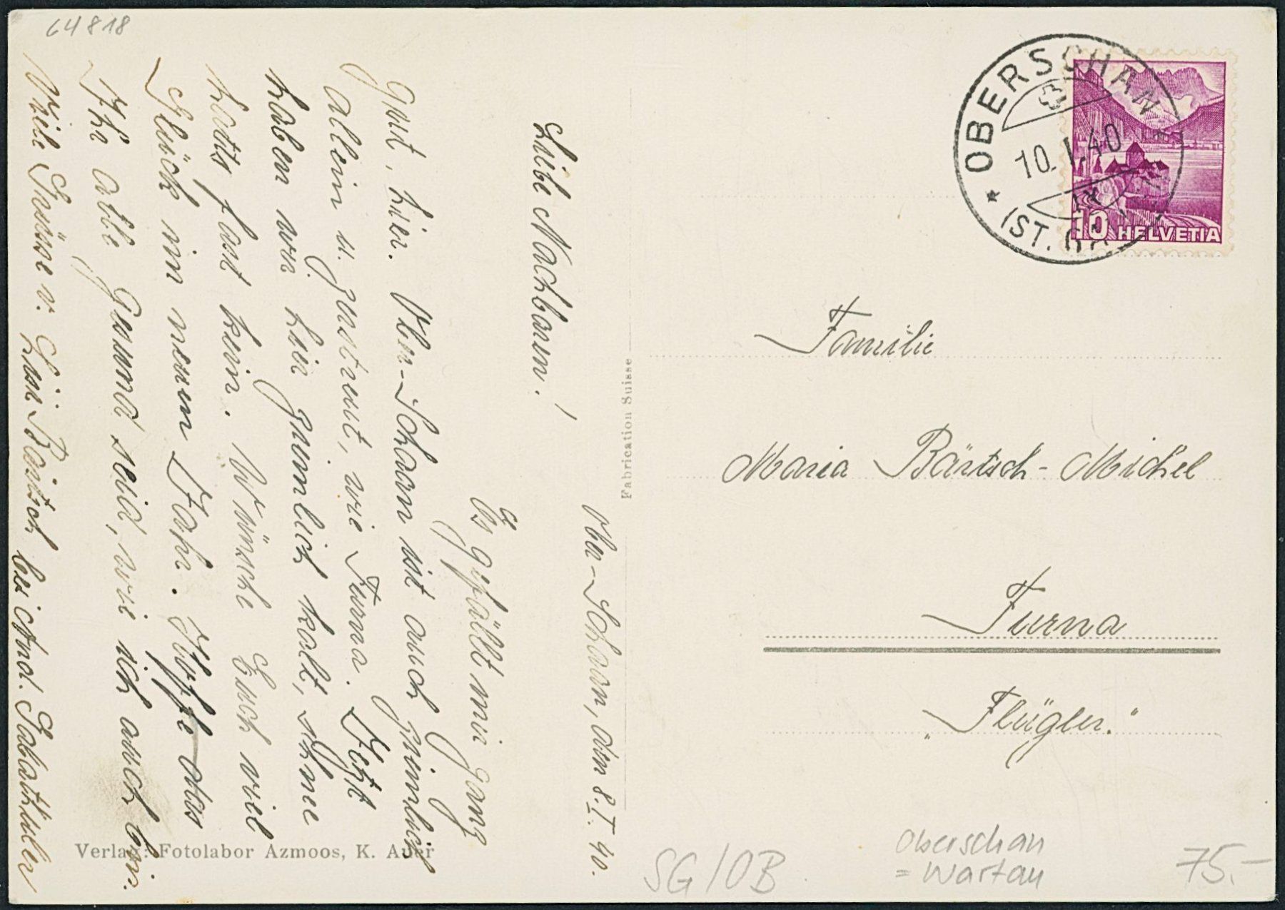 Cartoline postali: SG Oberschan - Wartau – Usato da Schindellegi venduto da leecollect 1