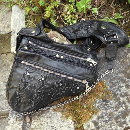 schwarze Schultertasche für Damen, Pferdeleder viele Fächer